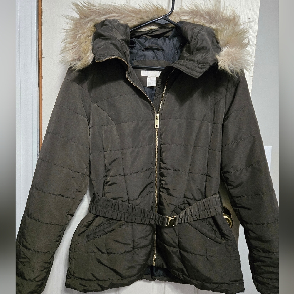 H&M Olive Puffer Jacket with Faux Fur Hood
